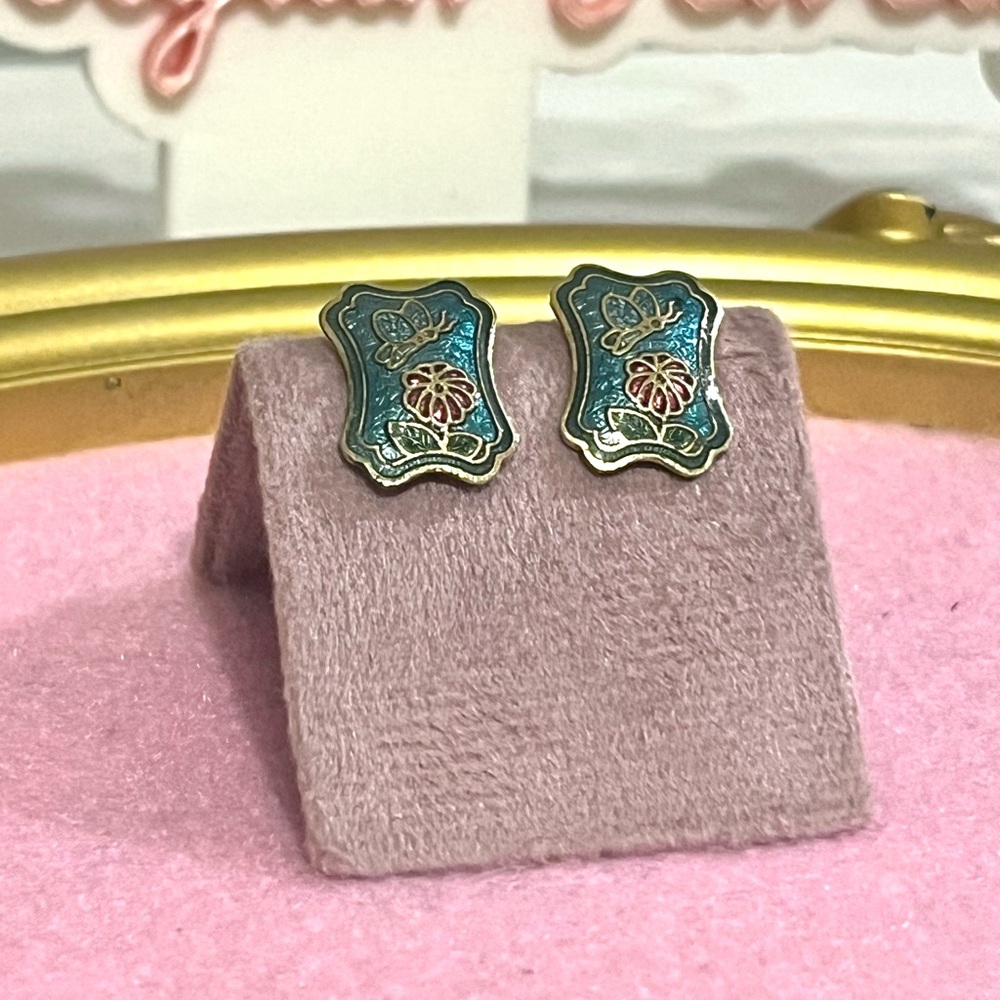 Vintage cloisonné blue butterfly and flower square post earrings